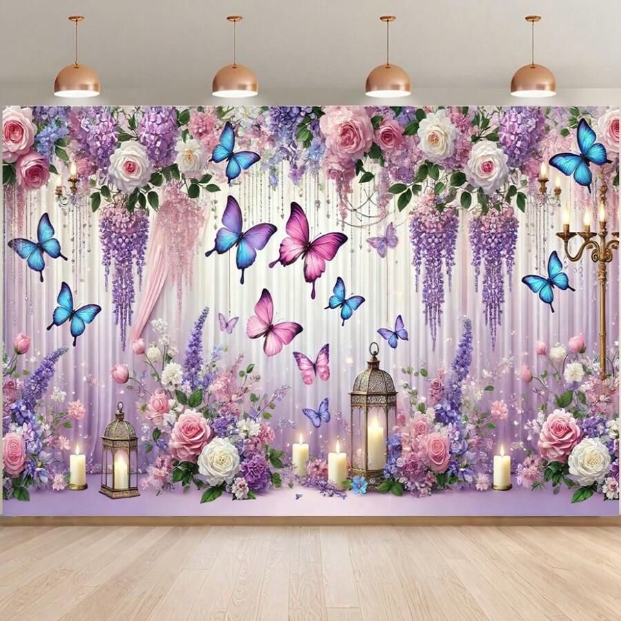 迷人的花卉和蝴蝶幻想背景 - 轻质聚酯派对横幅配粉红玫瑰、紫藤和蓝色蝴蝶 - 非常适合生日庆祝和摄影道具，无需照明 - 1個 - 查看 1