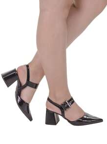 Women's Pumps Open Toe Comfortable High Heel Block Buckle Eyelet 18,400 - Black - View 8
