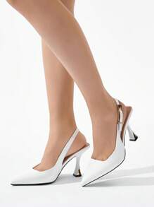 Women's Pointed Toe Closed Toe Metal Buckle Decor Solid Color High Heel Shoes, Slip-On Comfortable Formal Dress Pumps For Work, Commuting And Daily Wear, Suitable For Autumn/Winter, White Glossy, Elegant - White - View 4