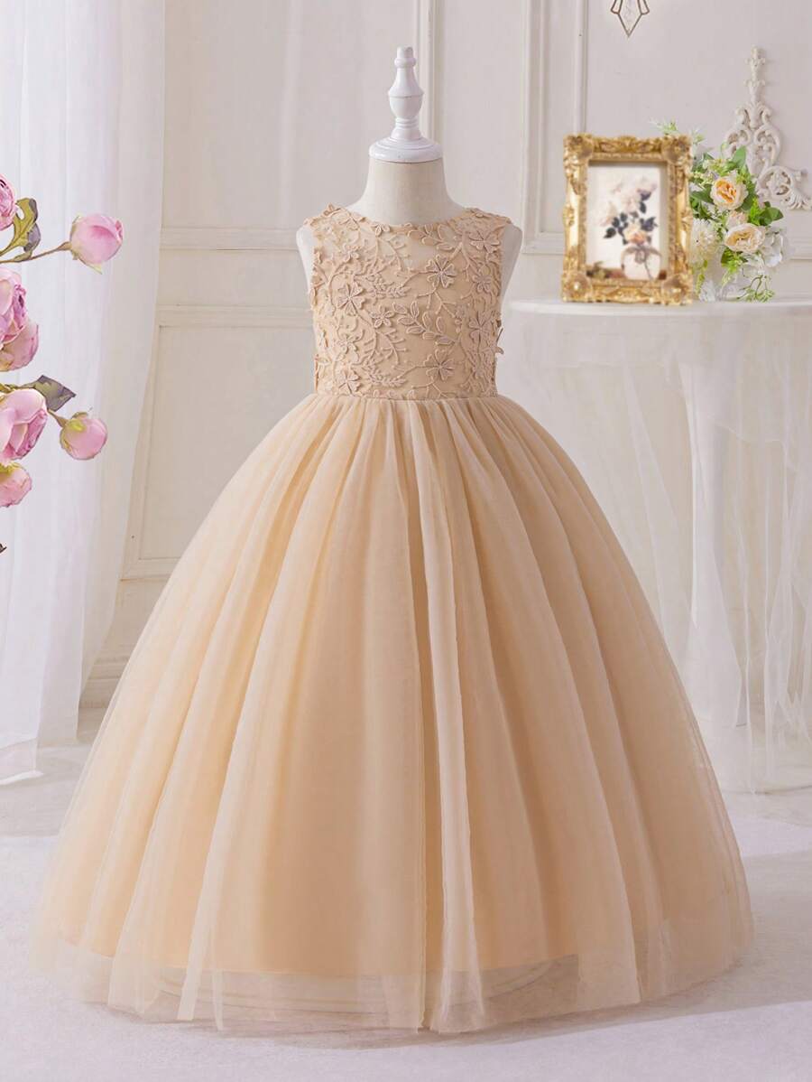 Vestido de dama de honor color champán para niña preadolescente con espalda abierta para boda - Champán - Ver 1