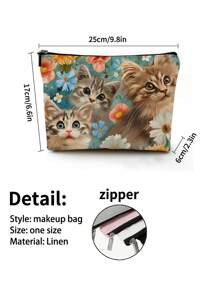 1 件彩色花卉猫抽象亚麻印花化妆包，可爱旅行化妆包和多用途零钱包，轻便女性必备礼物