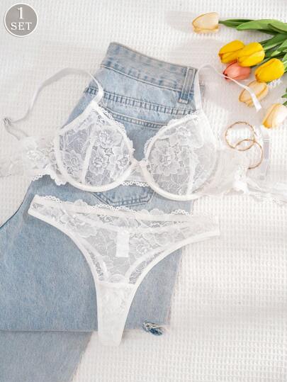 1 Set Women's Solid Color Lace Bra & Panty Set, With Underwire Comfort Lingerie Bridallingerie