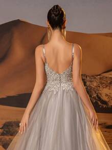 Contrast Lace Mesh Cami Prom & Evening Dresses Sparkly Lace Prom Dresses With Embroidered Spaghetti Strap Homecoming Dresses For Teens Rhinestone Lace Applique A Line Formal Evening Dresses Floor Length Mesh Ball Gown For Party Zipper Back, For Wedding Guest