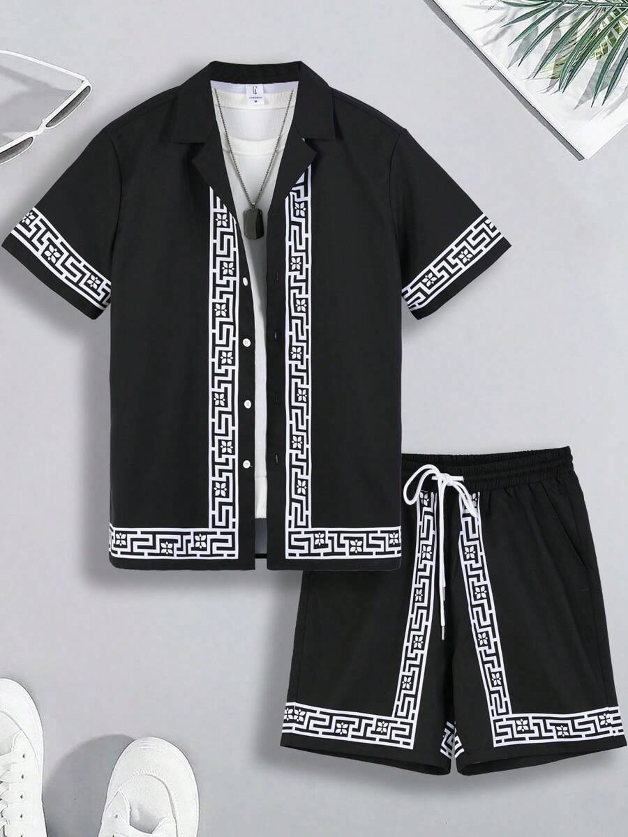 Men's Solid Color Palace Style Square Floral Pattern Drawstring Dual Slant Pocket Casual Home Shorts Set - Black and White - View 1