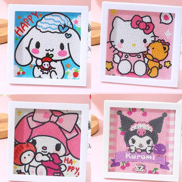 Sanrio Pintura de diamantes de Sanrio Kuromi, pintura de diamantes completa con marco, muñeca de anime adorable Cinnamoroll, pegatinas de pintura de diamantes Crystal Hello Kitty, material de marco de imagen hecho a mano, decoración de pared, regalos de San Valentín para parejas y novias, regalos de Año Nuevo