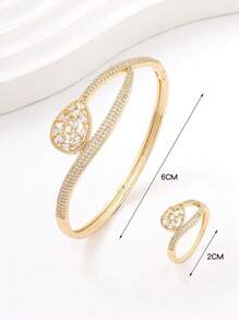 1 Set European Style Water Drop & Snake Bangle Zirconia Bracelet & Ring Set For Women - Gold - View 5