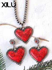 1 set de collar con colgante y aretes de estilo retro y país del oeste antiguo con diseño exagerado de color turquesa al estilo del Día de San Valentín para mujeres