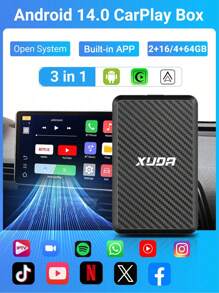 XUDA 3-In-1 Wireless CarPlay & Android Auto Box Adapter, 2GB RAM+16GB ROM/4GB RAM+64GB ROM, Plug And Play, Open Android System With Built-In Apps, Compatible With IOS 10+ / Android 11.0+, Suitable For 98% Wired CarPlay Car Models - Black - View 1
