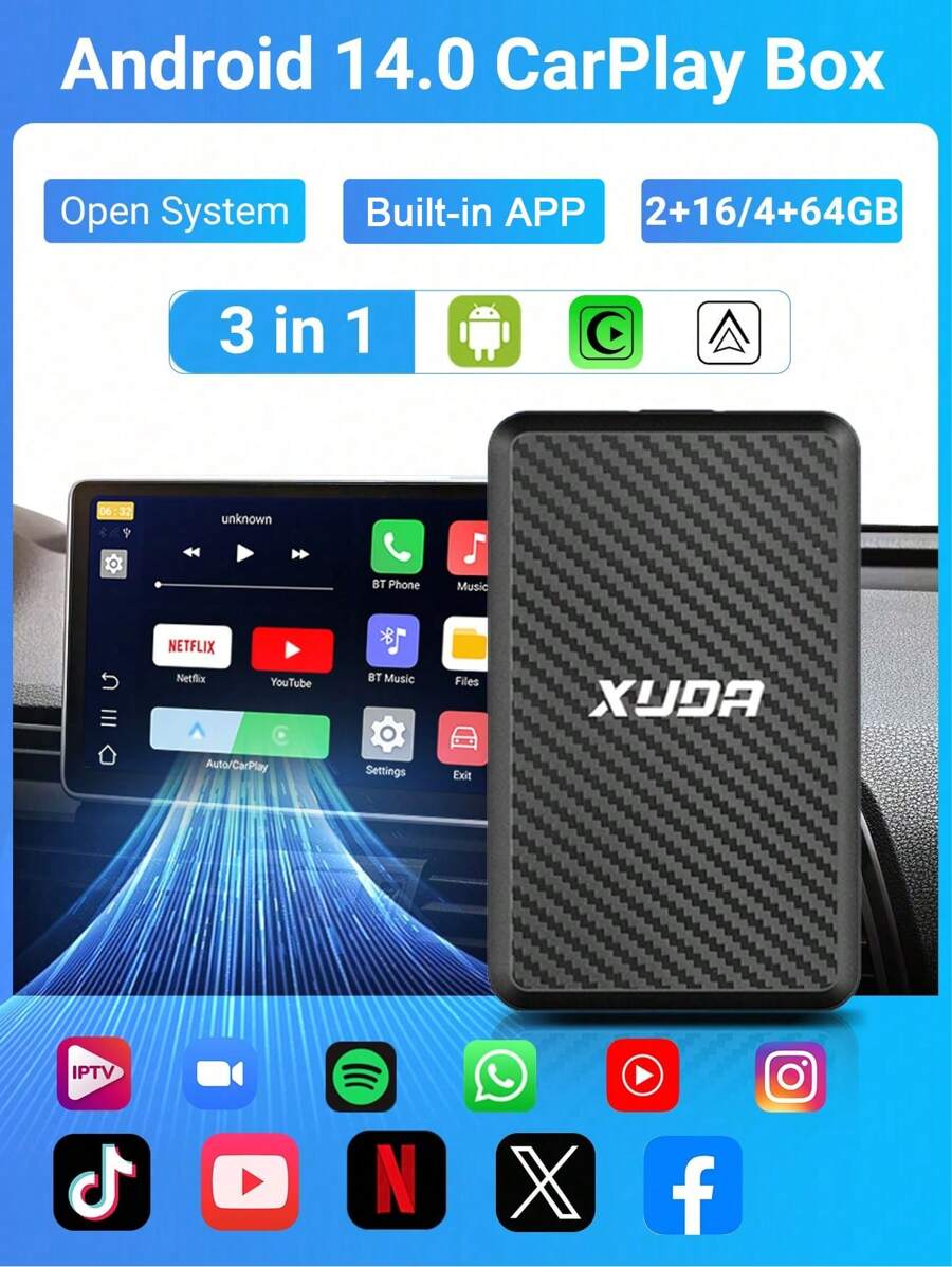 XUDA 3-In-1 Wireless CarPlay & Android Auto Box Adapter, 2GB RAM+16GB ROM/4GB RAM+64GB ROM, Plug And Play, Open Android System With Built-In Apps, Compatible With IOS 10+ / Android 11.0+, Suitable For 98% Wired CarPlay Car Models - Black - View 1
