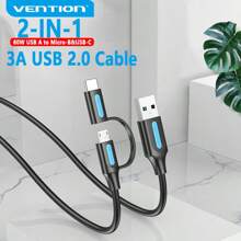 Cable de teléfono VENTION Cable USB 2 en 1 de carga rápida de 60 W, cable de datos USB A a Micro-B/USB-C de 3 A y 480 Mbps, material de TPE y PVC compatible con Samsung Galaxy S10 S9 Plus, bancos de energía, Android, tabletas, portátiles, HDD, primer cable de carga múltiple compatible con iPhone, , OnePlus, Samsung Galaxy S7/HTC, Android, Kindle, , cámara, MP3 Tipo C, Micro-USB - Negro - Ver 12