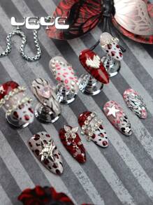 Y2K Nâng cấp ngay diện mạo của bạn với 10 bộ móng tay giả toàn bộ hình quả hạnh nhân thủ công thanh lịch màu hồng và đỏ họa tiết động vật Rock Girl Boho phong cách Châu Âu 3D trang trí ba chiều đính đá trang trí trái tim ngôi sao mắt mèo Vanity Boho phủ toàn bộ bằng acrylic Bộ móng tay đính đá cho phụ nữ và trẻ em gái hàng ngày kèm theo 1 dũa móng tay mini và 1 tờ keo dán - Đỏ và trắng - Xem 6