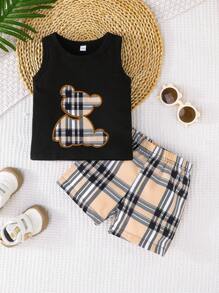 2pcs/Set Baby Boy Cute Bear Embroidered Top And Loose Casual Shorts Set, Summer Short Sleeve