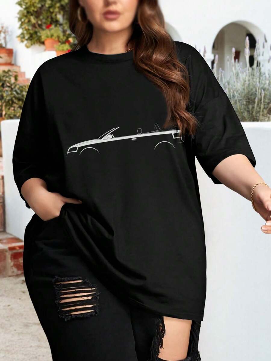 Audi A Cabriolet (8P) Silhouette Oversize Women T-Shirt For Ladies Plus Size (2008-2012) - Black - View 1