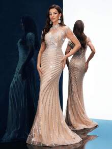 QOQ Váy dài cổ đứng đính sequin màu sâm panh cho tiệc tối trang trọng, tiệc cocktail, tiệc chiêu đãi, tiệc tối, tiệc cưới - Rượu sâm banh - Xem 3