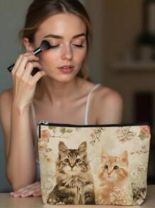 1 件彩色花卉猫抽象亚麻印花化妆包，可爱旅行化妆包和多用途零钱包，轻便女性必备礼物