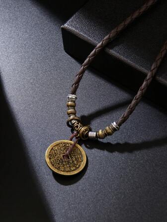 1st Mäns vävda PU-läderpärlor kopparmynthänge justerbart halsband