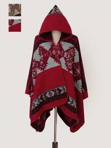 1pc Casual Versatile Jacquard Hooded Poncho Cape
