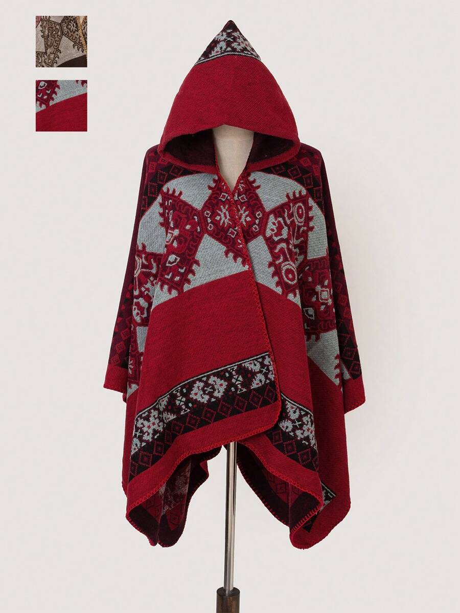 1pc Casual Versatile Jacquard Hooded Poncho Cape