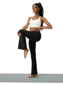 1pc Women Plus Size Flare Yoga Pants, Slimming High Waist Workout Leggings With Pockets