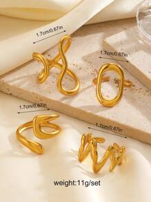 Conjunto de 4 peças de aço inoxidável minimalista banhado a ouro 18K com linha geométrica anel aberto, adequado para uso diário feminino