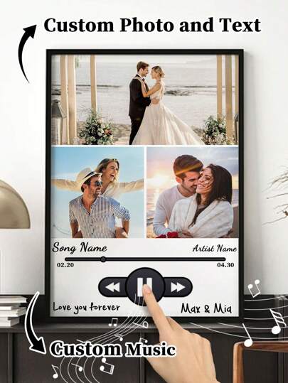 1pc Custom - Made Music Photo Frame, With Customizable Photos,Texts And Music. It Is Suitable For Displaying Family Photos And Couple Photos. This Photo Frame Can Play Designated Music Or Songs. It Serves As An Ideal Valentine's Day Gift, Making It Perfect For Boyfriends, Girlfriends, Husbands, Or Wives
