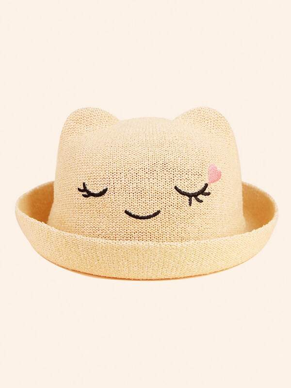 1 Pc Kids Embroidered Smiling Face Straw Sun Hat, Unisex Toddler Children Summer Casual Sun Protection Cap