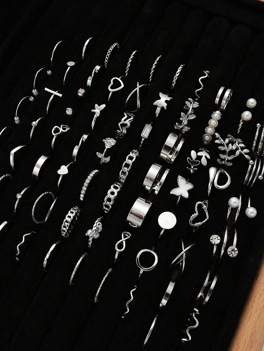 17KM 22/68 件简约金属几何仿珍珠心形戒指套装，女士节日、约会、日常派对礼物（无盒） - 款式1 - 查看 1