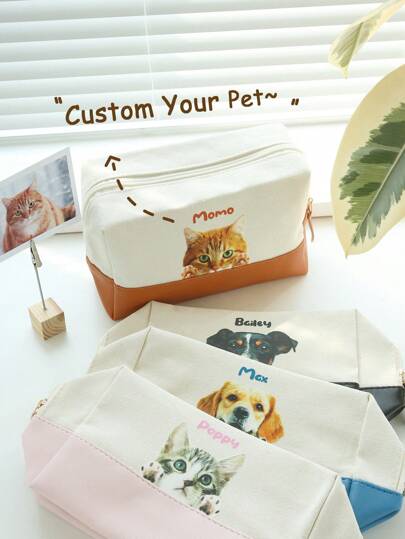 Bolsa de maquillaje personalizada con foto y nombre de su mascota, bolsa de cosméticos personalizada de lienzo con retrato personalizado, regalo para amantes de perros y gatos, organizador multifuncional de gran capacidad, estuche para lápices, bolsa con cremallera, regalo conmemorativo de retrato de mascota