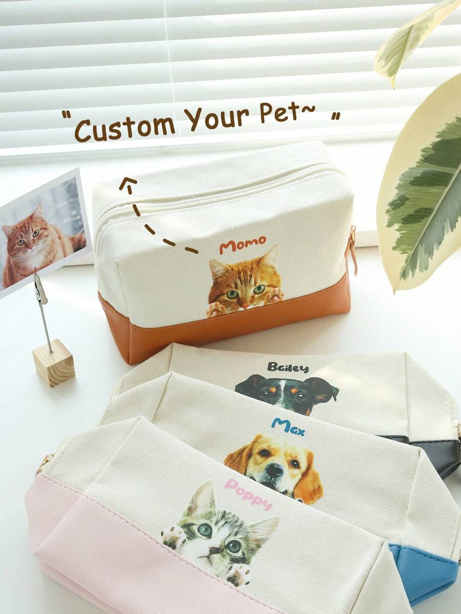 Personalized Makeup Bag Your Pet Photo And Name Custom Portrait Cosmetic Bag Customized Canvas Make Up Bag Gift Your Dog Your Cat Large Capacity Multifunction Organizer Pencil Case For Dog Cat Lover Zipper Pouch Pet Portrait Memorial Gift - Multicolor - View 1