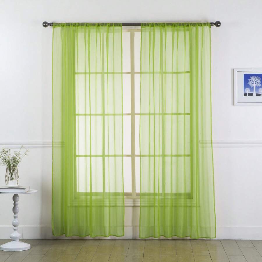 Set Of Two (2) Sheer Window Curtains Panels With Rod Pocket Drape Set Multiple Lengths (63", 84", 95", 108", 120" L) Solid Colors - Lime Green - View 1