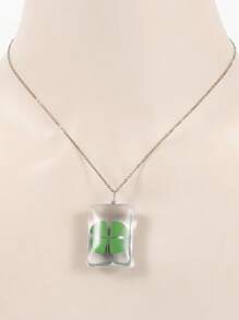 Collar con colgante de trébol de la suerte para mujer, collar cuadrado de resina de vidrio redondo para el día de San Patricio, joyería de plantas de amor y suerte