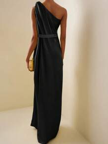 Đầm dạ hội dài lệch vai xẻ tà bên hông dành cho nữ, đầm dự tiệc, đầm dự đám cưới, đầm trang trọng. - màu đen - Xem 4