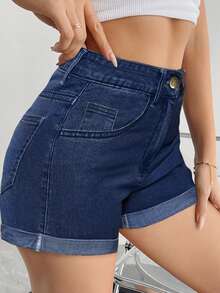 Women's Stretchy Plain Black Color Denim Shorts, Fashionable Slim Fit High Waist Jean Shorts, Casual Street Style, Summer Essential - Dark Wash - View 3