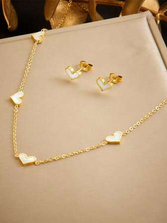 1 套不锈钢简约时尚优雅镀金贝壳和心形耳环项链