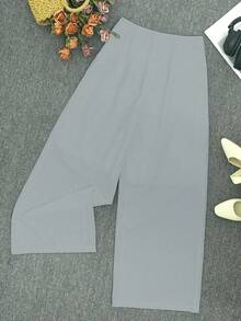 Women's Casual And Fashionable Solid Color Pleated Contrasting Lace-Up Elegant Versatile And Elegant Wide-Leg Trousers - Light Grey - View 2