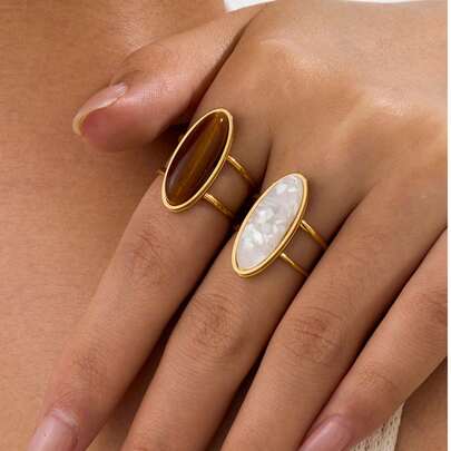2pcs Stainless Steel Gold-Tone Open Ring Set With White And Tiger Eye Stone Gems, Suitable For Women Jewelry Or Gifting