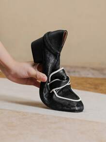 Mengshangli French Retro Square Toe Thick Heel Shoes For Women, All-Season Fashion Shallow High Heels Business Soft Leather Shoes
