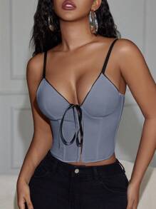 Y2K Grommet Eyelet V Neck Trim Contrasting Ribbon Bowknot Front Overbust Boned Corset Bustier Shapewear Crop Cami Top Music Festival - 灰色 - 查看 4