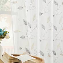 2 Paneles de cortinas de poliéster transparente con diseño bordado de hojas, aptas para salas de estar y dormitorios, decoración del hogar, con ojales para instalación sencilla - Multicolor - Ver 7