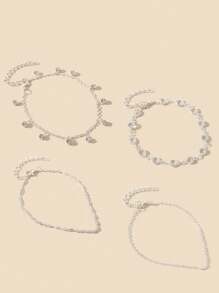 Conjunto de 4 peças/conjunto de tornozeleiras multicamadas de liga de cobre, elegantes e minimalistas, brilhantes e artesanais, com corrente de zircônia e borla, adequadas para mulheres, festas de praia, acessórios de joias empilháveis, presente para amigos