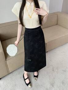 Neo-Classical Chinese Style Retro A-Line Straight Long Skirt, Slimming Hanfu Bottom Wear - Black - View 3