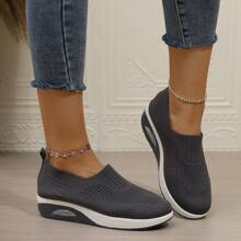 Atmungsaktive Slip-On Sport Schuhe für Frauen - Frühjahrskollektion, einfarbiger gestrickter Oberteil mit Luftpolster-Sohle - Niedrige Lässig Sneaker, Schwarz, Beige, Rot, Hellgrau, Rosa, Dunkelblau