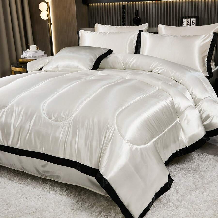 Satin Bed In A Bag 8 Pieces Queen Size Silk Like Black Comforter Set Luxury Silky Bedding Set Soft Lightweight Comforter Set Ruffle Sheet Set - 白色 - 查看 1