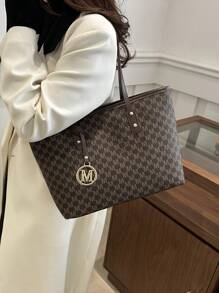 New Fashion Women's Large Capacity Full Body Print Design Letter Pattern Decoration Design Double Handle Tote Bag Suitable For Work And Commuting,School Bag,Large Capacity,Portable,Classic Casual,Business Casual,For Teen Girls Women College Students,White-Collar Workers,Perfect For Work,Back To School,Middle School,High School,College,Vacation, Fashionable Tote Bag With Zipper
