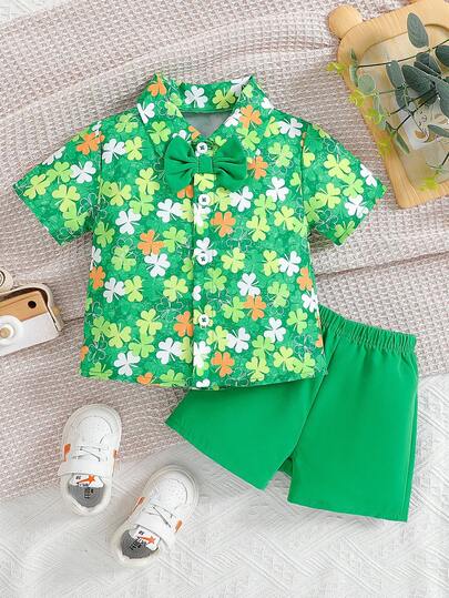 Baby Boys' Gentleman Style Casual Bowknot , Clover Print Shirt & Shorts Set, Suitable For Outings, Spring/Summer