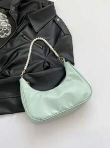 New Fashionable Solid Orange Handheld Bag With Faux Pearl Chain, Casual Crescent PU Underarm Shoulder Elegant Lady Bag, Spring/Summer