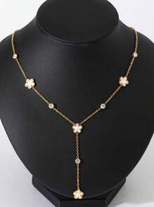 1 件女式不锈钢白色贝壳花形锆石 Y 形项链，时尚珠宝，18K 镀金 - 金色 - 查看 2