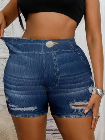 Plus Size Women Jegging Shorts, Denim Effect Print Ripped & Distressed Design, High Stretch, Fashion Casual Shorts