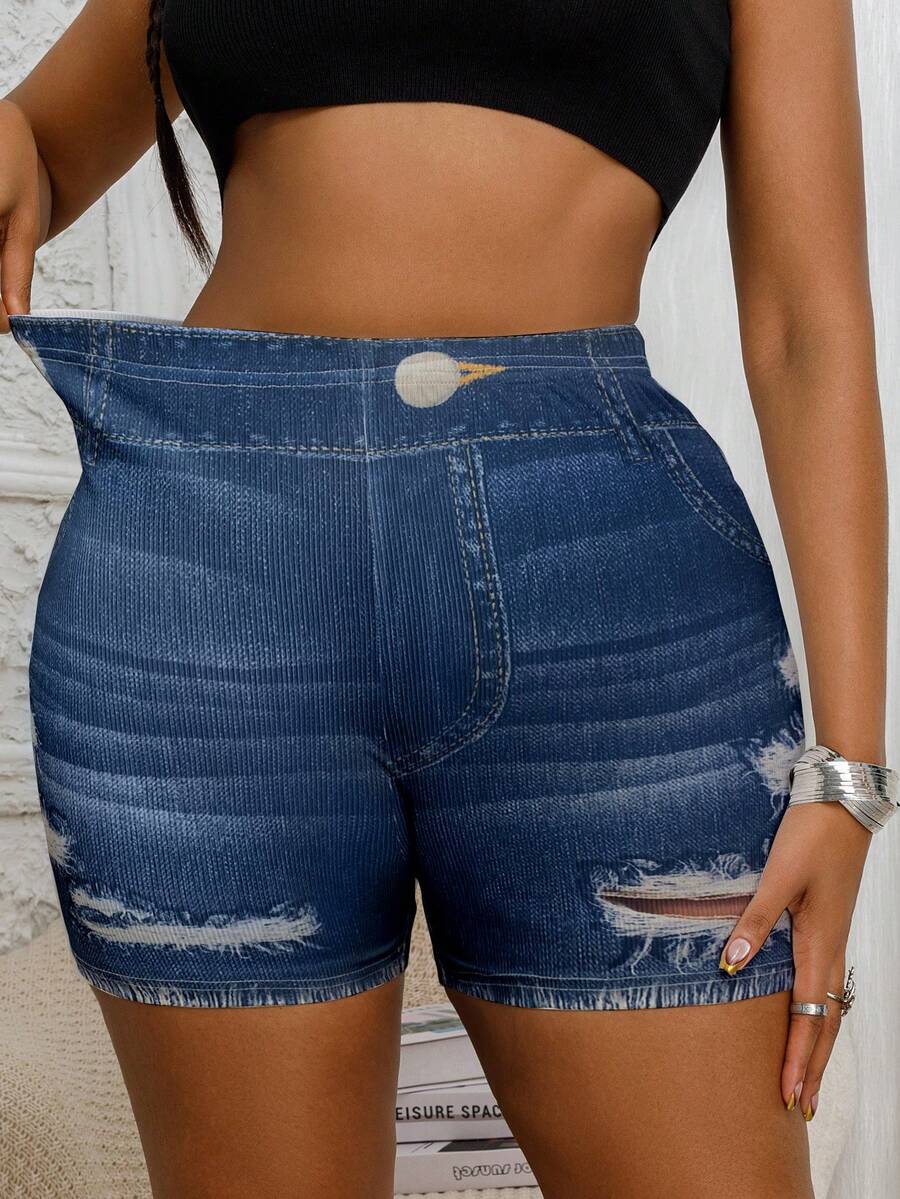 Plus Size Women Jegging Shorts, Denim Effect Print Ripped & Distressed Design, High Stretch, Fashion Casual Shorts - Blue - View 1