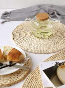 1 pieza Mantilla de estilo japonés tejida a mano con paja de maíz, alfombra de aislamiento térmico reforzado para decoración del hogar y vajilla - Albaricoque - Ver 3